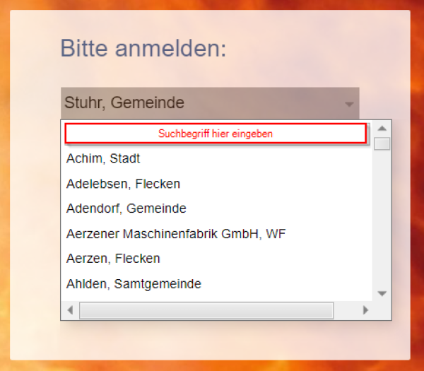 Suchmaske für die Organisation während der Anmeldung Suchmaske für die Organisation während der Anmeldung