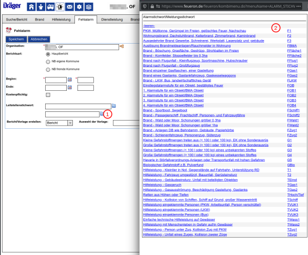 Auswahl des Stichwort beim Anlegen eines Einsatzberichtes Auswahl des Stichwort beim Anlegen eines Einsatzberichtes