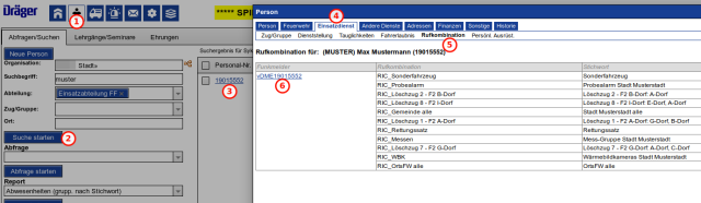 Übersicht bei einer Person über die ihm zugeordneten RICs (Rufkombinationen)